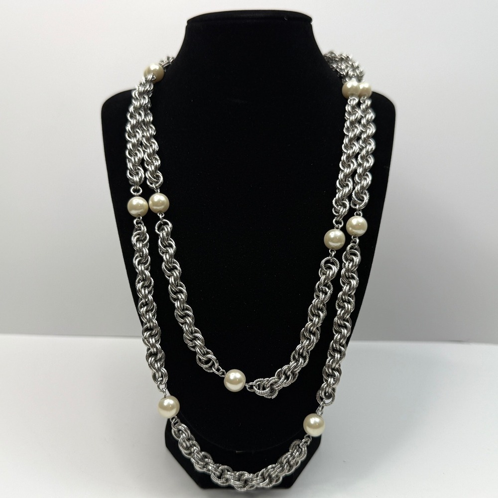 Faux Pearls Long Statement Necklace Silver Tone Link Chain Jewelry 24 in L